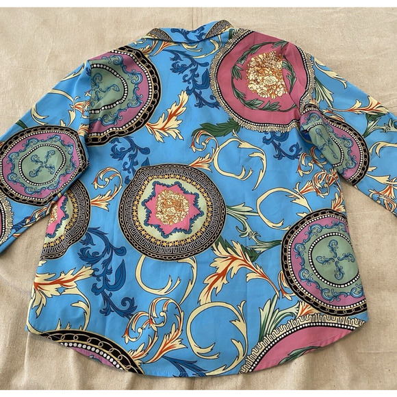 NWT Made with Love Blouse Womens Medium Boho Silky Blue Collared Button Up Shirt - Picture 7 of 14